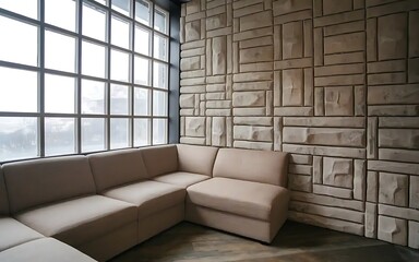Corner sofa positioned near a grid window and grunge stone panel wall, creating a unique interior design for a modern living room, Generative AI