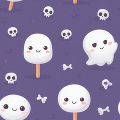 Fototapeta premium Spooky halloween pattern with jack-o'-lanterns ghosts skulls bats and pumpkins in a seamless design