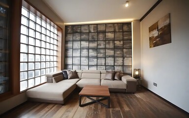 Corner sofa positioned near a grid window and grunge stone panel wall, creating a unique interior design for a modern living room, Generative AI. home decor.