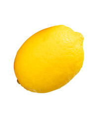 Side view of single fresh ripe yellow lemon fruit with water droplets isolated on white background with clipping path