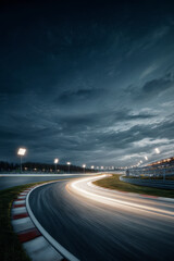 Obraz premium Night speedway: streaks of light trace the path as vehicles race beneath a dramatic, cloudy sky.