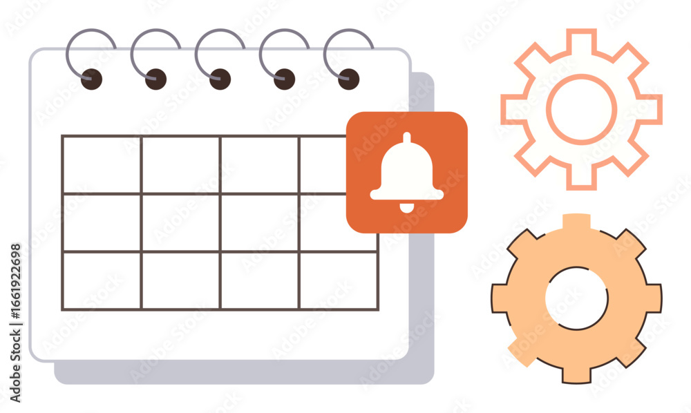 Poster monthly calendar, bell alert, and gear icons emphasizing task scheduling, deadlines, and process enh