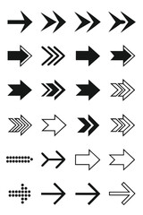 Collection of twenty-four diverse black and white arrow icons on white background symbol direction