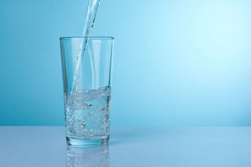 Pouring refreshing soda water into glass at light grey mirror table against turquoise gradient background, closeup. Space for text
