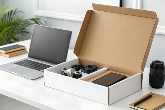 Camera equipment in a cardboard box with laptop on a desk in a modern office workspace