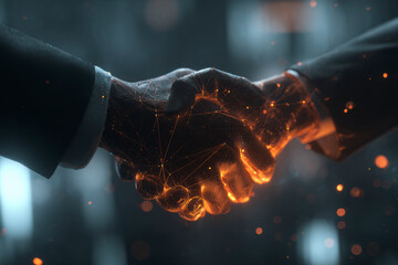 Digital Handshake: A futuristic handshake, symbolizing connection and agreement through technology.