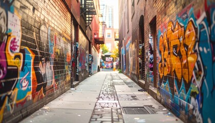 Fototapeta premium High-quality, professional marketing-style photograph of a narrow urban alley with graffiti and textures, shot with a 50mm lens, eye-level angle, minimalist composition with clear focal point, soft am
