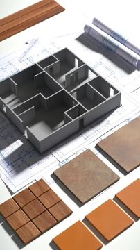 Architectural Design Planning with 3D House Model Blueprints and Interior Material Samples for Home Building and Renovation Projects