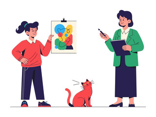 Art Session and Cat Companionship: A teacher and pupil examining a piece of art with a cat beside them, a snapshot of creativity and companionship in vibrant illustrations.