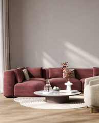 Stylish interior mockup with red sofa and coffee table, empty wall mockup, 3d illustration