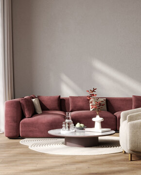Stylish interior mockup with red sofa and coffee table, empty wall mockup, 3d illustration