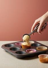 Hand using metal tongs to place cupcake into colorful paper baking cups on tray with empty slots, baking preparation, sweet treats, baking tools, kitchen
