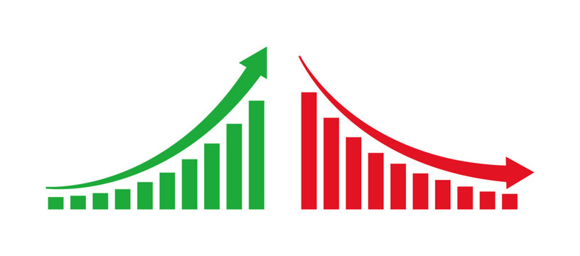 Green upward and red downward chart icons representing financial growth, market increase, stock rise, business improvement, market decline, sales decrease, and economic trends