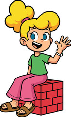 Cartoon blonde girl waving hand while sitting on red brick block, cheerful kid character illustration for children content, school, and education theme