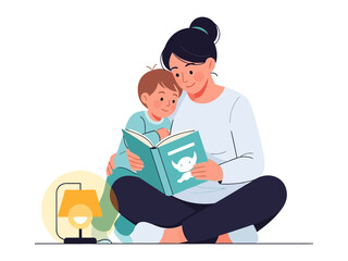 Cozy Storytime: A tender moment unfolds as a mother and child snuggle together, immersed in the captivating pages of a beautifully illustrated book, illuminated by the soft glow of a bedside lamp.