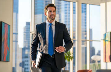 Confident businessman in a blue suit walking through a modern office hallway holding a briefcase, symbolizing leadership and corporate success