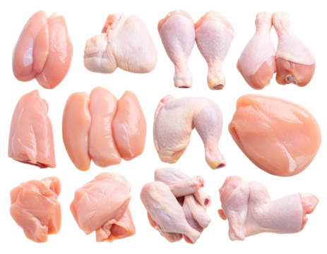 Front View of Raw Chicken Parts Set, isolated on a transparent background