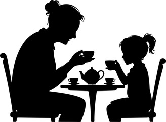 A warm silhouette of a grandparent and grandchild sitting across from each other at a small table