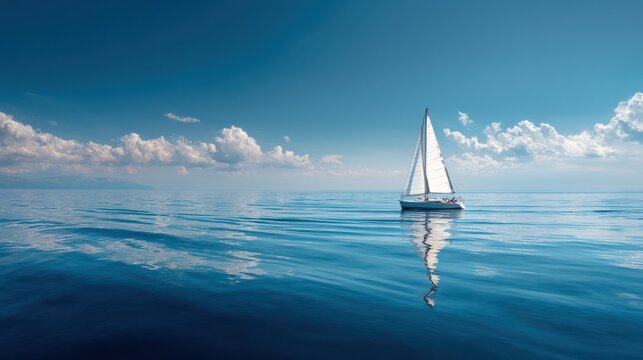 Stunning photo of yacht sailboat sailing alone on calm blue sea waters on a beautiful sunny day with blue sky and white clouds. - Powered by Adobe