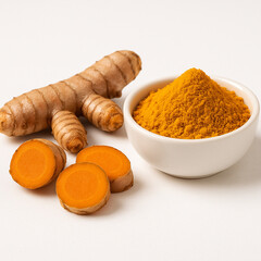 Golden Spice: The vibrant essence of turmeric, showcasing whole roots, sliced pieces, and finely ground powder in a white bowl.