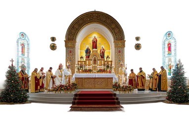 Eastern Orthodox church interior with candles highlighting religious architecture and spiritual ambiance isolated on transparent background PNG