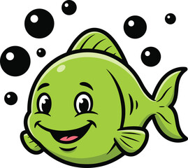 Cartoon green fish with bubbles, happy underwater sea creature character, fun aquatic marine animal illustration for kids, education, games, and animation
