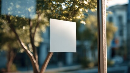 Stunning photo of square sticker mockup on glass window, daylight.