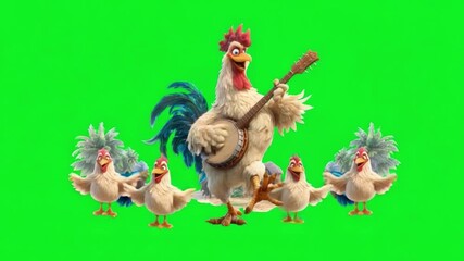 Colorful animated rooster playing a banjo surrounded by playful chickens in a vibrant green background perfect for children's themes and creative projects