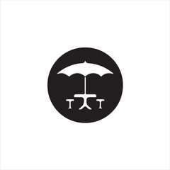 Outdoor table and umbrella icon in black circle isolated on white background