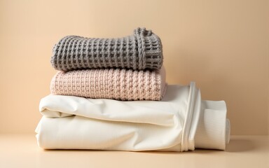 Two neutral-toned knit sweaters stacked atop a pair of off-white corduroy pants, all neatly folded on a beige background. High quality