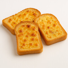Fototapeta premium Cheese Toast Sensation: The image showcases three golden-brown, perfectly toasted slices of bread generously topped with melted, bubbly cheese.