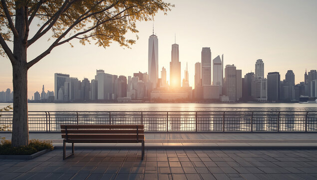 Calm Riverside Path with Wooden Bench Overlooking Modern Cityscape - Powered by Adobe