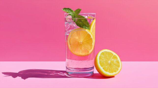 Stunning photo of refreshing pink lemonade with lemon slice and mint on pink background in bright sunlight.