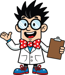 Cartoon scientist character with glasses and clipboard, wearing lab coat and bow tie, educational mascot illustration for science projects, STEM visuals