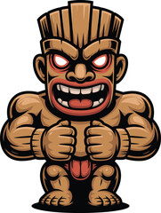 Cartoon tribal totem character illustration, angry tiki warrior statue with fierce expression, strong muscular build, traditional Polynesian style vector graphic