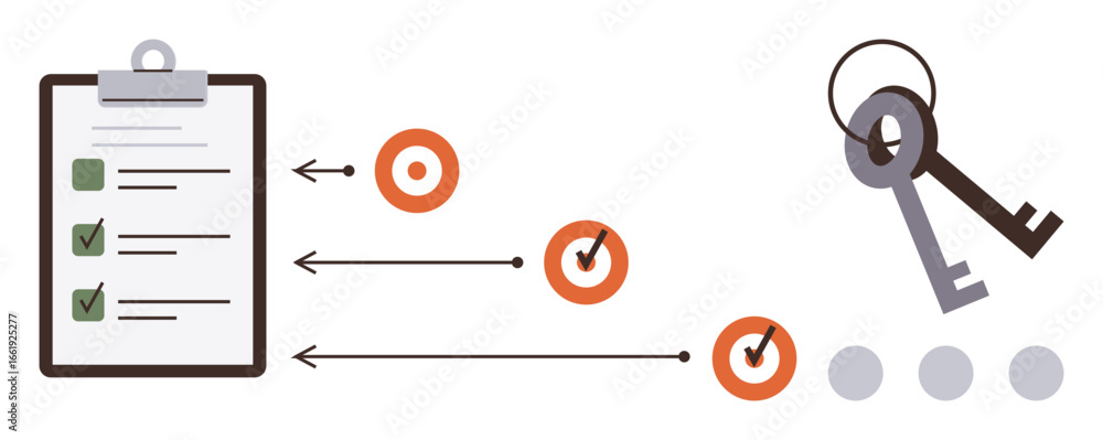 Aufkleber checklist with marked tasks, arrows pointing to targets, and keys symbolizing success and security. 