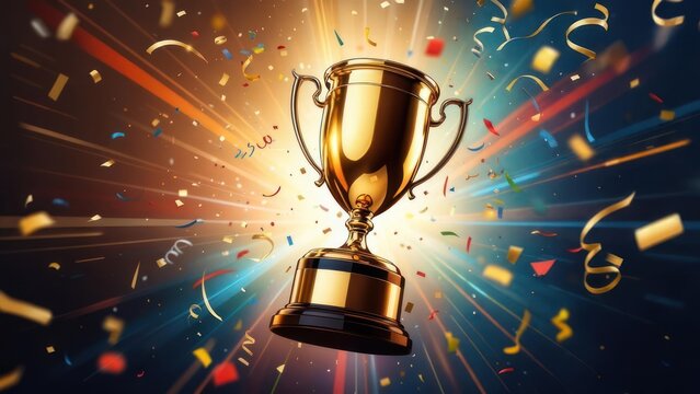 Gleaming Gold Trophy in a Dynamic Burst of Light and Colorful Confetti