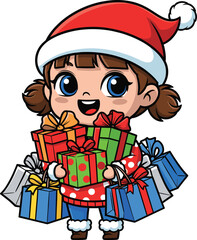 Cute cartoon girl in Santa hat holding Christmas gifts, festive holiday shopping character vector for winter, celebration, kids, and greeting card content
