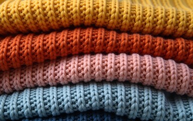 Neatly folded knitted sweaters in earthy tones stacked on top of each other, showcasing cozy textures and warm colors. High quality