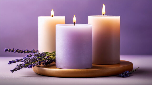 Three burning candles with lavender flowers on wooden tray against soft purple background. Serene and calming scene symbolizing aromatherapy, relaxation, and peaceful wellness lifestyle.