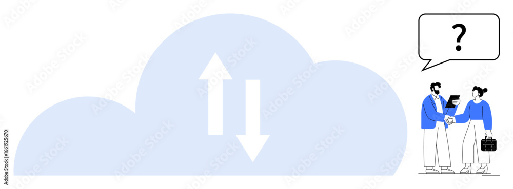 Poster large cloud with up and down arrows representing data exchange and two professionals engaging in dis