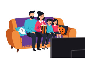 Cozy Movie Night: A family enjoys a relaxed evening at home, gathering together on a comfortable sofa, popcorn in hand, eyes glued to the television screen, for a joyful movie experience.