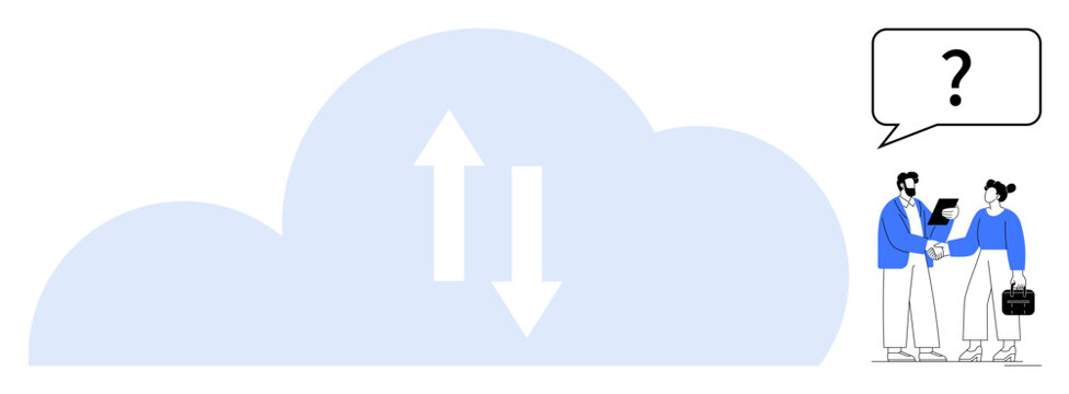 Large cloud with up and down arrows representing data exchange and two professionals engaging in discussion. Ideal for technology, teamwork, cloud computing, remote work, innovation, problem-solving