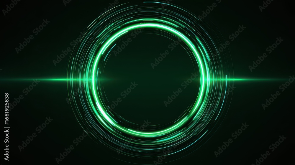 Poster stunning photo of green neon frame in shape of circle,consisting of several lines glowing with laser