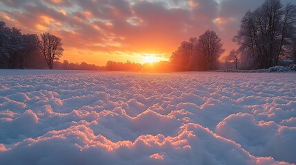 Winter sunset landscape snow field