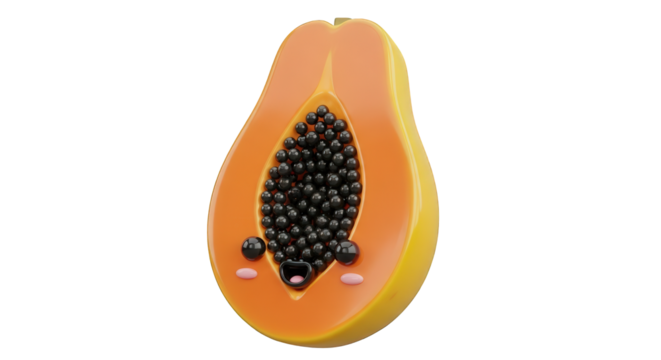 Cute cartoon papaya, halved, showcasing black seeds and orange flesh, against a white background. - Powered by Adobe