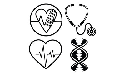 Medical Icons Set Heartbeat, Bandages, Stethoscope, and Medicine Bottle