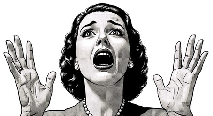 Vintage comic illustration of a panicked woman screaming in shock, hands raised in desperation. Ideal for dramatic storytelling, horror themes, Halloween, urgent news, retro advertising,