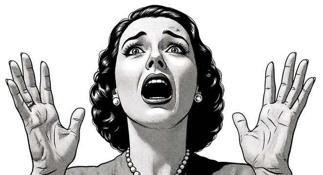 Vintage comic illustration of a panicked woman screaming in shock, hands raised in desperation. Ideal for dramatic storytelling, horror themes, Halloween, urgent news, retro advertising,