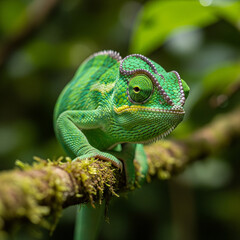 Obraz premium chameleon clinging to a branch with vibrant green skin blending into the rainforest background